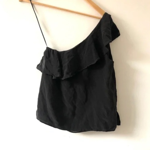 Anthropologie Maeve Black One Shoulder Silk Ruffle Top - Picture 3 of 3
